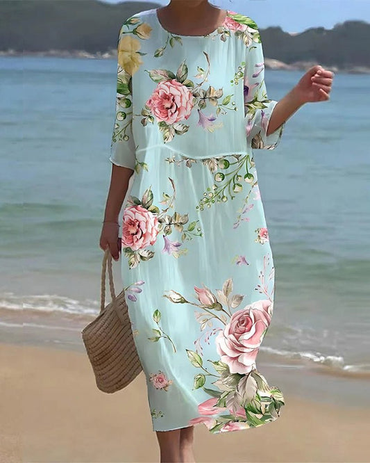Annika | Damen Midi-Sommerkleid mit Blumenprint 3/4-Arm Rundhals