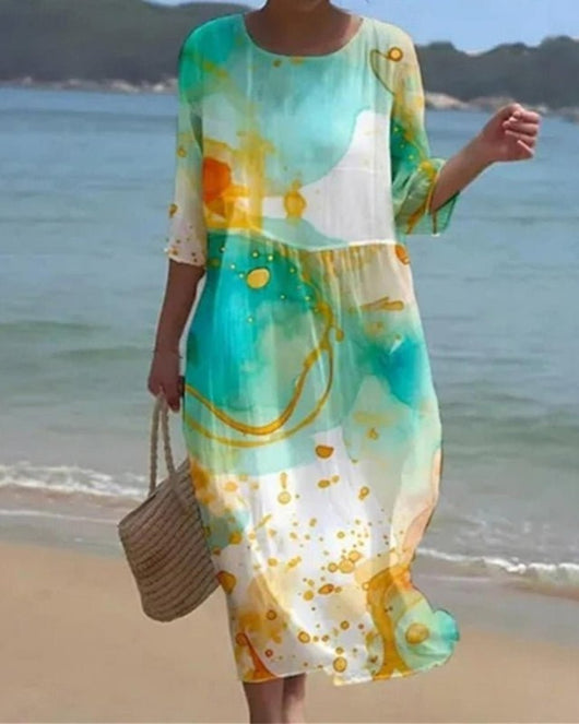 Annika | Damen Midi-Sommerkleid mit Blumenprint 3/4-Arm Rundhals