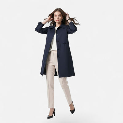 Clara | Damen Midi Wollmix Trench Coat mit Doppelknopfleiste