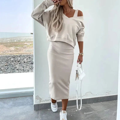 Nora | Damen Midikleid mit Sweatshirt-Oberteil figurbetontes Zweiteiler-Set