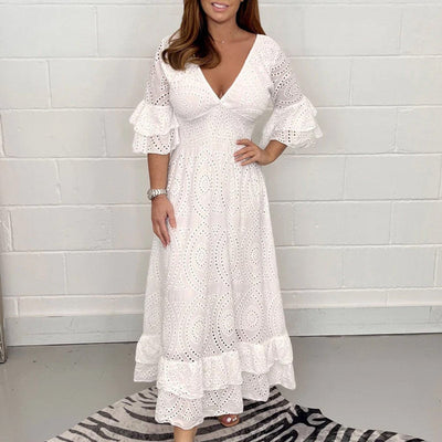 Elisabeth | Damen Midikleid Weißes Anglaise-Spitze V-Ausschnitt Rüschenärmel