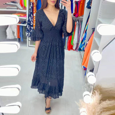 Elisabeth | Damen Midikleid Weißes Anglaise-Spitze V-Ausschnitt Rüschenärmel