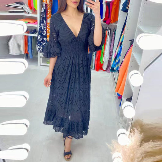 Elisabeth | Damen Midikleid Weißes Anglaise-Spitze V-Ausschnitt Rüschenärmel