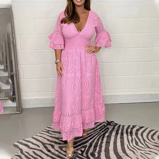 Elisabeth | Damen Midikleid Weißes Anglaise-Spitze V-Ausschnitt Rüschenärmel