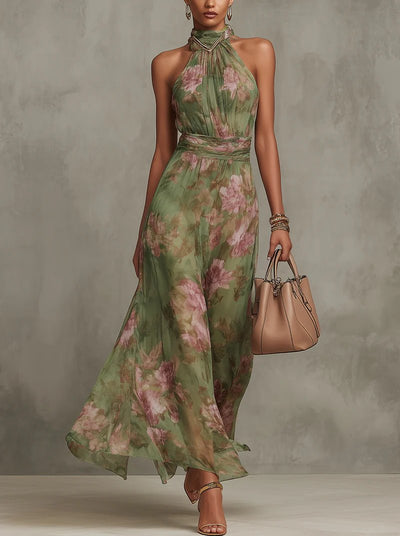 Marie | Damen Neckholder Chiffon Maxi Kleid mit Blumenmuster