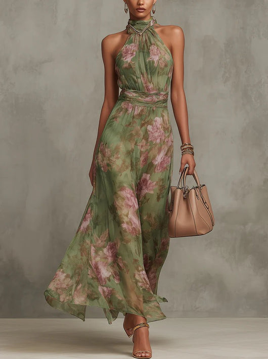 Marie | Damen Neckholder Chiffon Maxi Kleid mit Blumenmuster