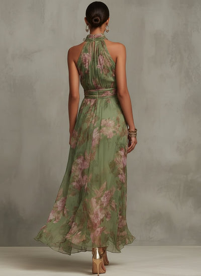 Marie | Damen Neckholder Chiffon Maxi Kleid mit Blumenmuster