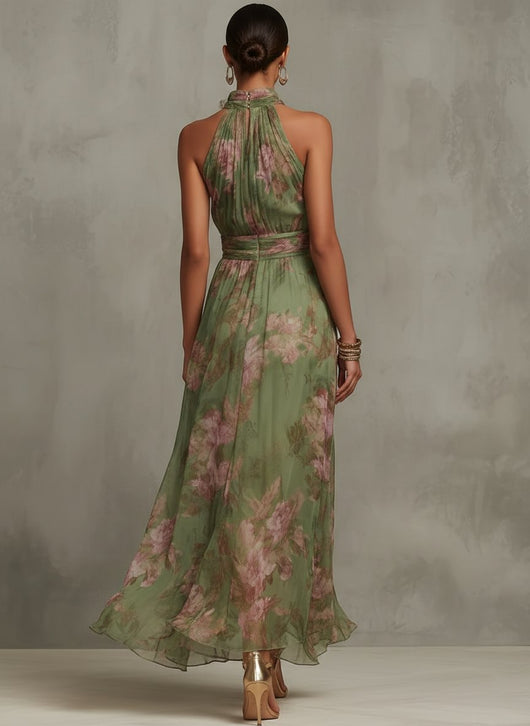 Marie | Damen Neckholder Chiffon Maxi Kleid mit Blumenmuster
