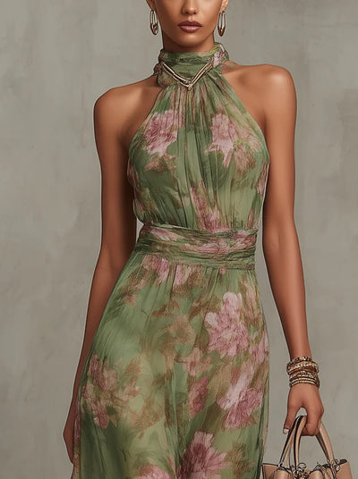 Marie | Damen Neckholder Chiffon Maxi Kleid mit Blumenmuster