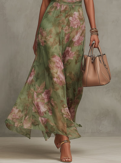 Marie | Damen Neckholder Chiffon Maxi Kleid mit Blumenmuster