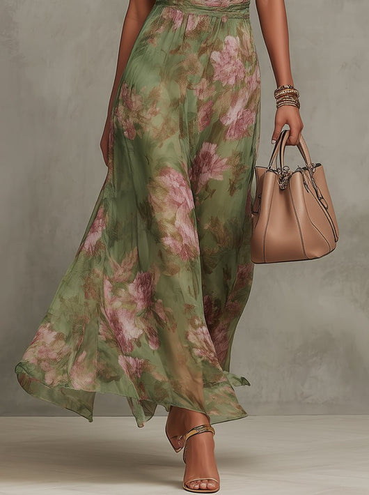 Marie | Damen Neckholder Chiffon Maxi Kleid mit Blumenmuster