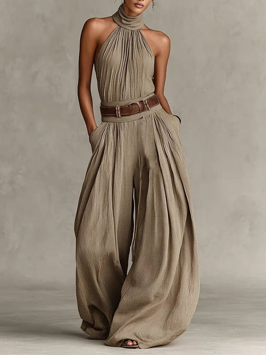 Greta | Damen Neckholder Weites-Bein Ärmelloser Jumpsuit mit Gürtel