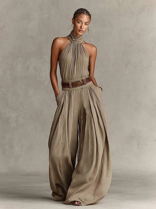 Greta | Damen Neckholder Weites-Bein Ärmelloser Jumpsuit mit Gürtel