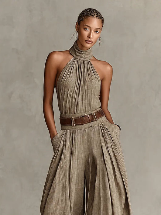 Greta | Damen Neckholder Weites-Bein Ärmelloser Jumpsuit mit Gürtel