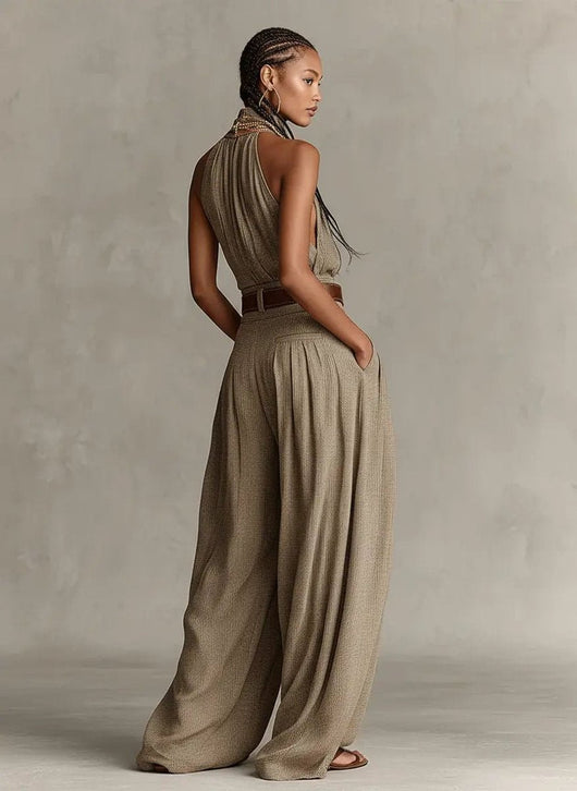 Greta | Damen Neckholder Weites-Bein Ärmelloser Jumpsuit mit Gürtel