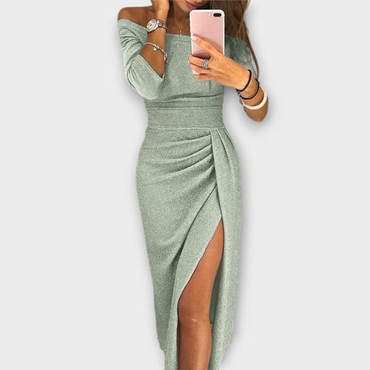 Nora | Damen Off-Shoulder Cocktail Party Dress figurbetontes Midi-Kleid mit Schlitz