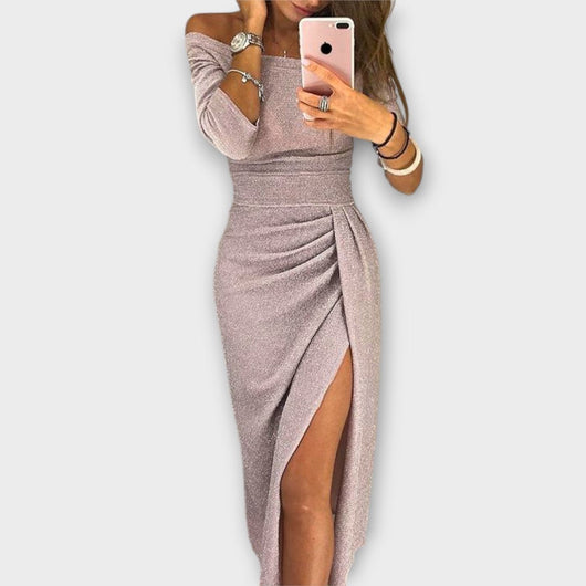 Nora | Damen Off-Shoulder Cocktail Party Dress figurbetontes Midi-Kleid mit Schlitz