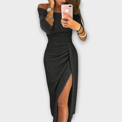 Nora | Damen Off-Shoulder Cocktail Party Dress figurbetontes Midi-Kleid mit Schlitz