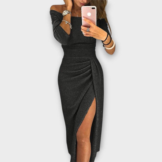 Nora | Damen Off-Shoulder Cocktail Party Dress figurbetontes Midi-Kleid mit Schlitz