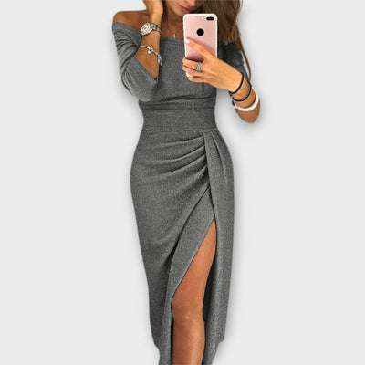 Nora | Damen Off-Shoulder Cocktail Party Dress figurbetontes Midi-Kleid mit Schlitz