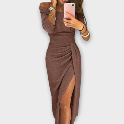 Nora | Damen Off-Shoulder Cocktail Party Dress figurbetontes Midi-Kleid mit Schlitz