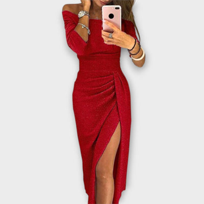 Nora | Damen Off-Shoulder Cocktail Party Dress figurbetontes Midi-Kleid mit Schlitz