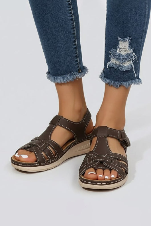 Charlotte | Damen Offene Riemchen-Sandalen mit Klettverschluss Flechtoptik