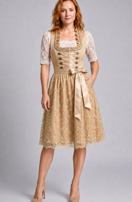 Annika | Damen Oktoberfest Dirndlkleid Floraler Spitzenrock Schnürmieder
