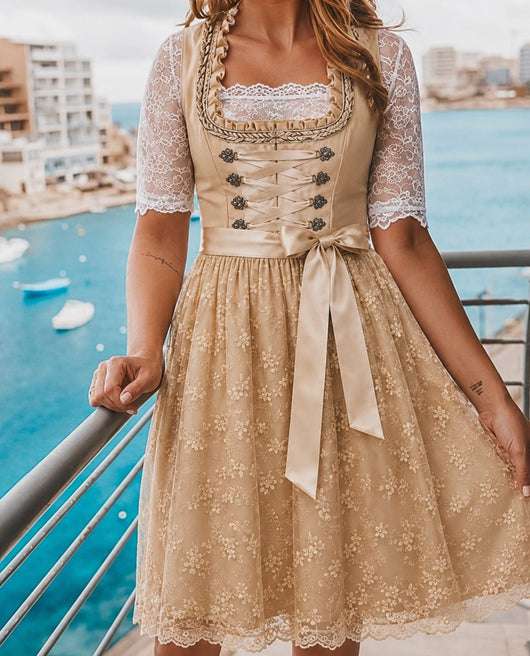 Annika | Damen Oktoberfest Dirndlkleid Floraler Spitzenrock Schnürmieder