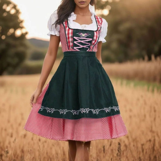Amelie | Damen Oktoberfest Dirndlkleid Kariert Midi Trachtenkleid Schürze