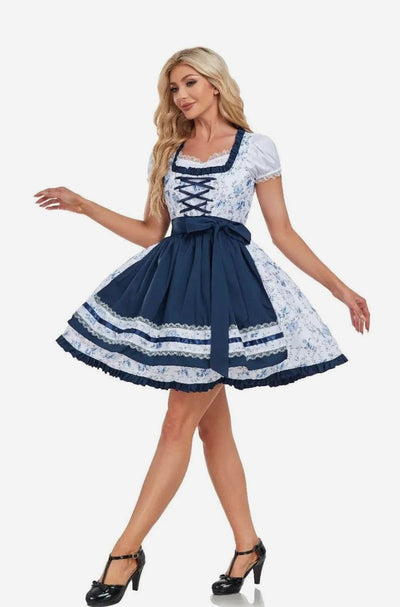 Marlene | Damen Oktoberfest Dirndlkleid mit Blumenmuster Schürze Spitzendetails