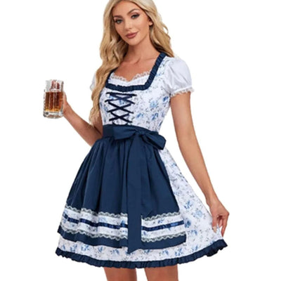 Marlene | Damen Oktoberfest Dirndlkleid mit Blumenmuster Schürze Spitzendetails