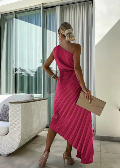 Mia | Damen One-Shoulder Plissee Maxi Kleid mit Blumendetail