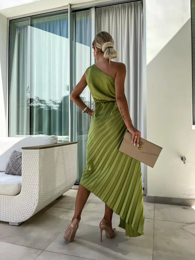 Mia | Damen One-Shoulder Plissee Maxi Kleid mit Blumendetail