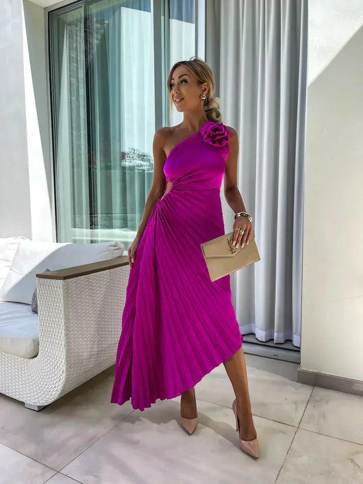 Mia | Damen One-Shoulder Plissee Maxi Kleid mit Blumendetail