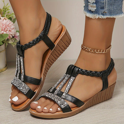 Frieda | Damen Orthopädische T-Spangen Keilabsatz Sandalen mit Strass
