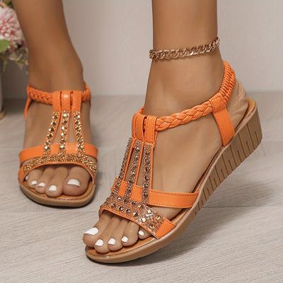Frieda | Damen Orthopädische T-Spangen Keilabsatz Sandalen mit Strass