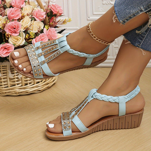 Frieda | Damen Orthopädische T-Spangen Keilabsatz Sandalen mit Strass