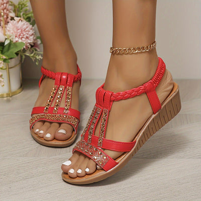 Frieda | Damen Orthopädische T-Spangen Keilabsatz Sandalen mit Strass