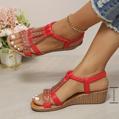Frieda | Damen Orthopädische T-Spangen Keilabsatz Sandalen mit Strass