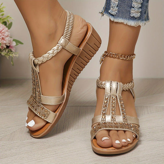 Frieda | Damen Orthopädische T-Spangen Keilabsatz Sandalen mit Strass