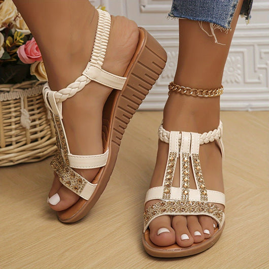Frieda | Damen Orthopädische T-Spangen Keilabsatz Sandalen mit Strass