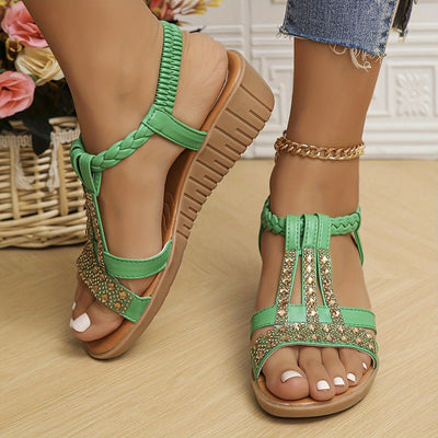 Frieda | Damen Orthopädische T-Spangen Keilabsatz Sandalen mit Strass