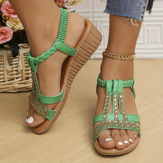 Frieda | Damen Orthopädische T-Spangen Keilabsatz Sandalen mit Strass