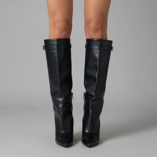 Nora | Damen Overknee Stiefel Mit Schnalle Spitzer Blockabsatz Wildleder