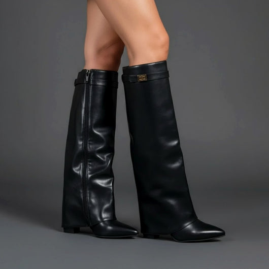 Nora | Damen Overknee Stiefel Mit Schnalle Spitzer Blockabsatz Wildleder