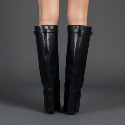 Nora | Damen Overknee Stiefel Mit Schnalle Spitzer Blockabsatz Wildleder