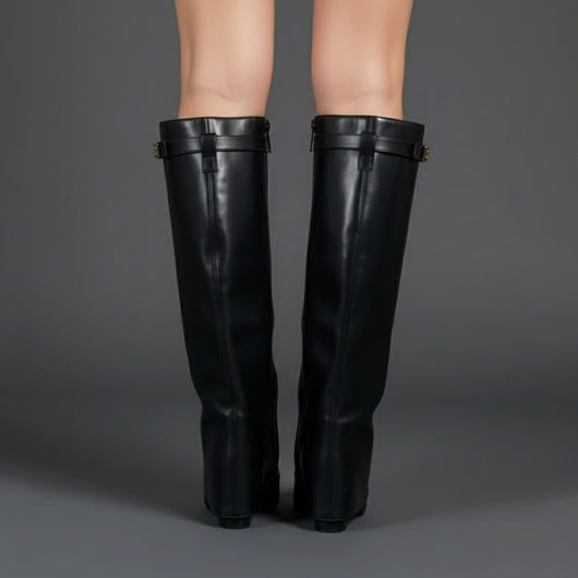 Nora | Damen Overknee Stiefel Mit Schnalle Spitzer Blockabsatz Wildleder