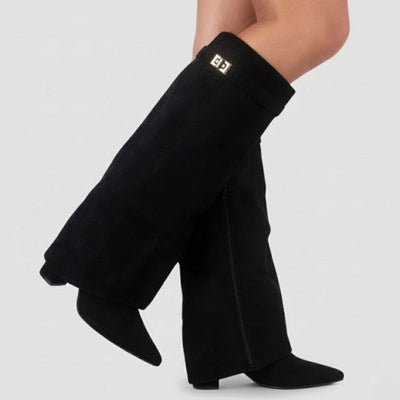 Nora | Damen Overknee Stiefel Mit Schnalle Spitzer Blockabsatz Wildleder