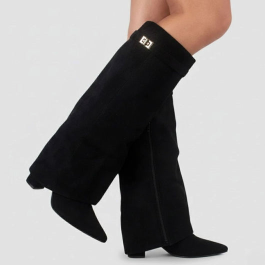 Nora | Damen Overknee Stiefel Mit Schnalle Spitzer Blockabsatz Wildleder